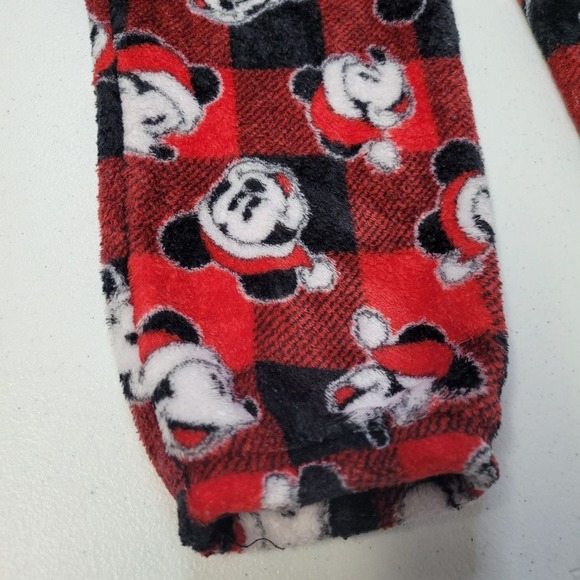 Disney Mickey Mouse Plaid Fleece Fuzzy Pajama Pants Size S Red Black Santa Hat - Picture 5 of 6